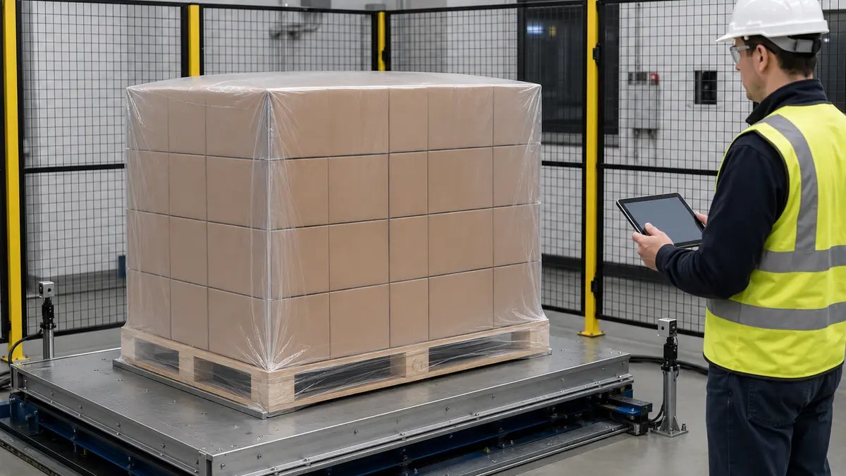 A hooded pallet load undergoing controlled horizontal stability testing in a packaging laboratory