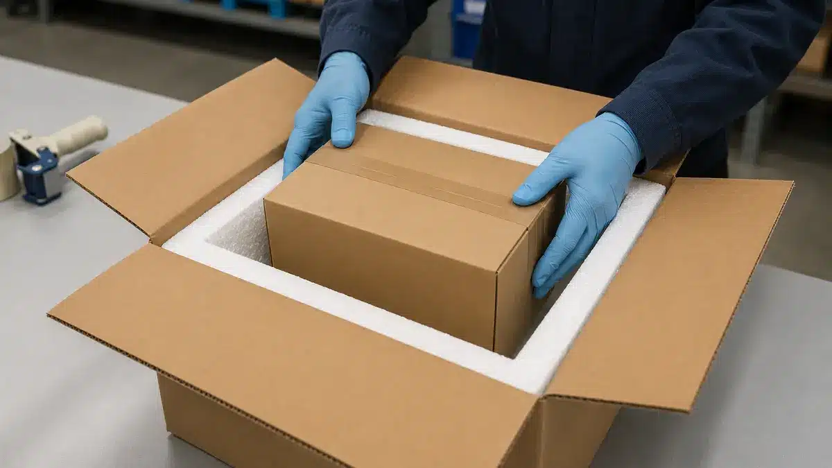 Concept illustration of a rigid foam insulated shipper being packed inside a corrugated carton
