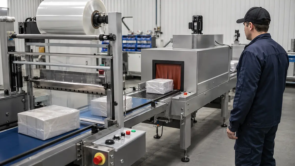 Packaging technician observing unbranded packs during a controlled sealer and shrink-tunnel line trial