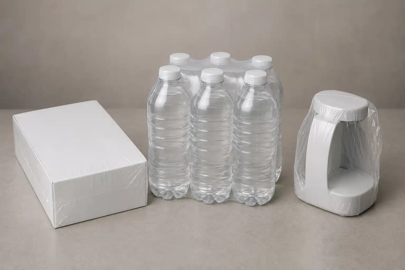 Generic carton, bottle multipack, and irregular item enclosed with clear shrink film.
