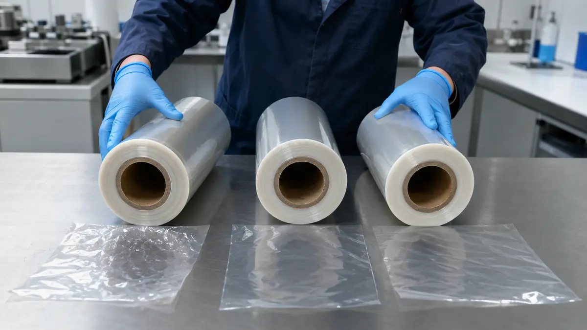 Packaging engineer comparing unlabeled transparent shrink film rolls and samples on a clean workbench