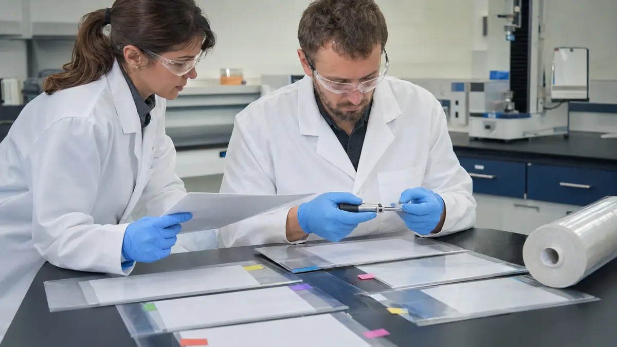 Packaging quality team comparing clear film specimens with blank controlled documents in a lab