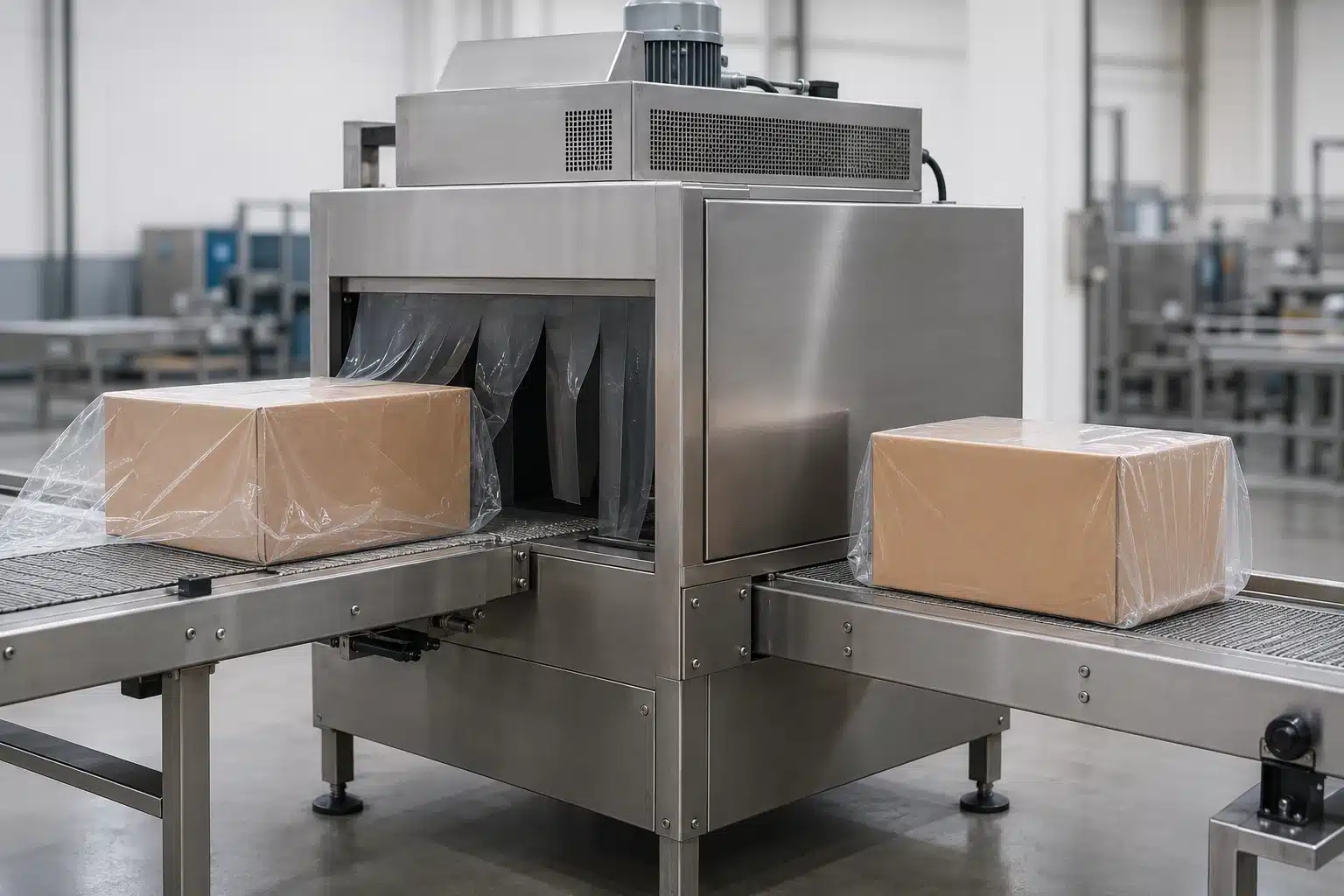 Generic heat tunnel with loose film entering and a tight shrink-wrapped carton exiting.