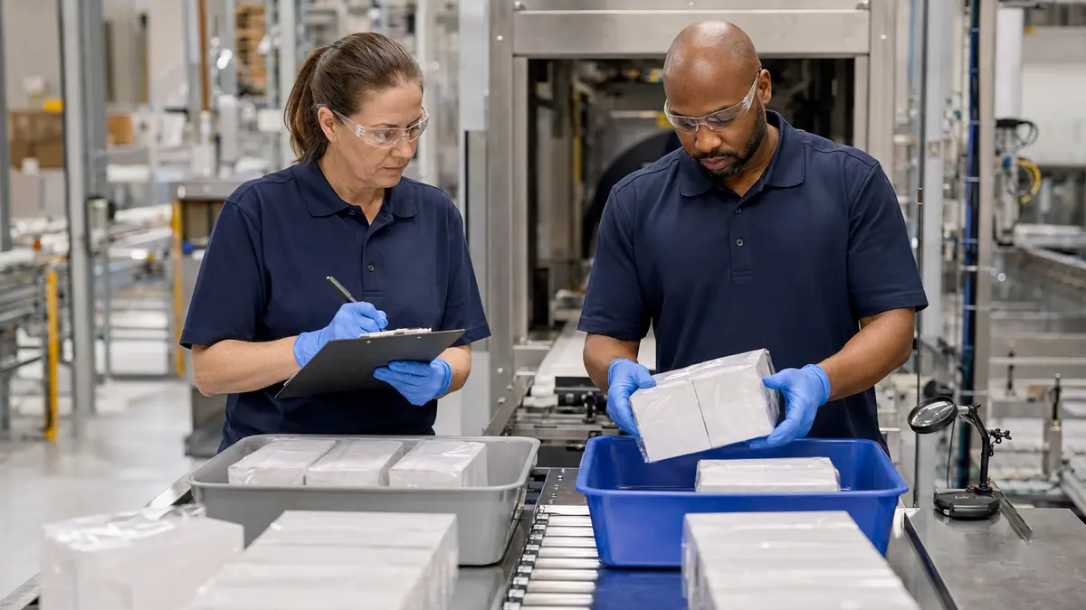 Technicians inspecting and sorting shrink-wrapped packs during a line trial