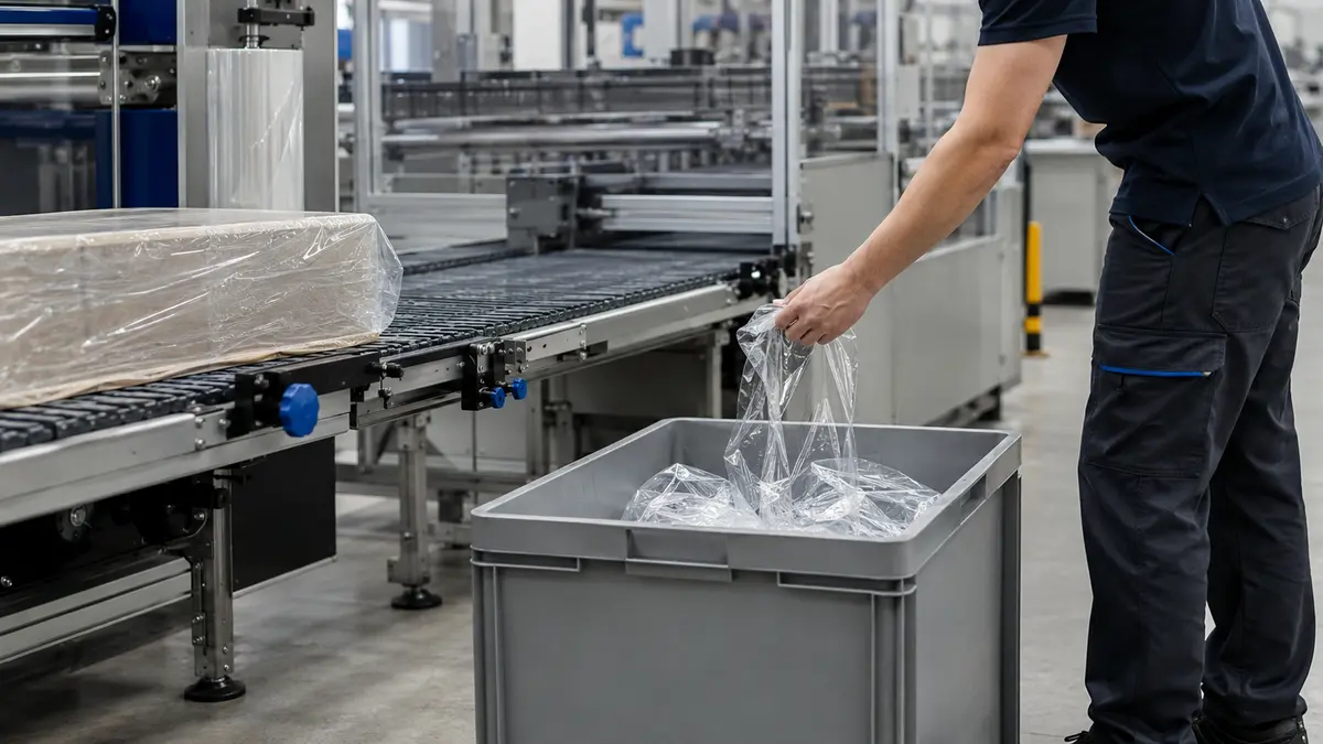 Clean shrink-film offcuts collected separately beside a packaging line
