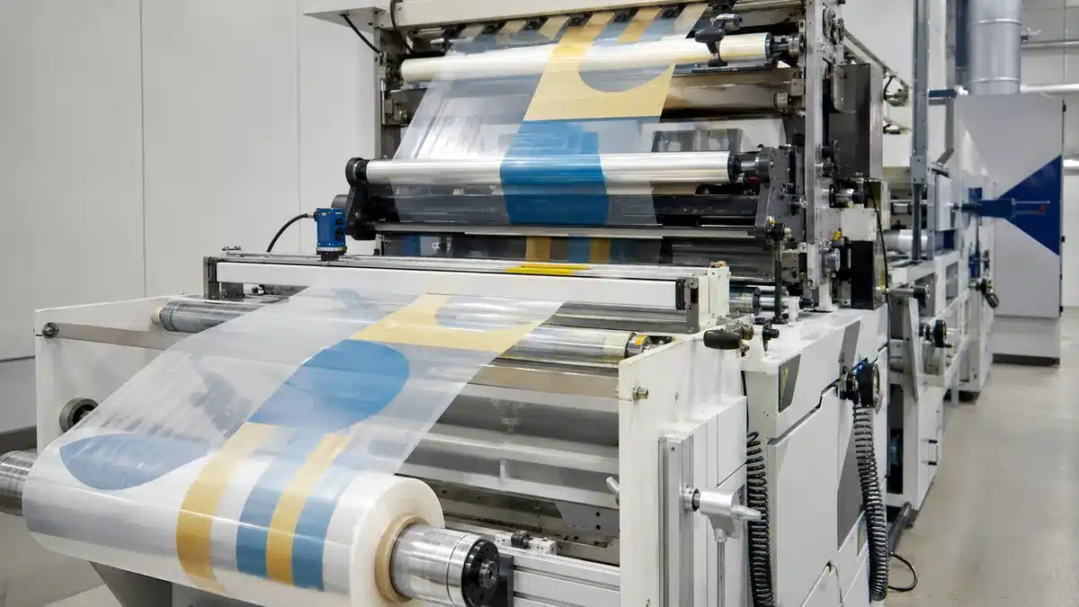 Transparent shrink-film web passing through a clean printing and converting line