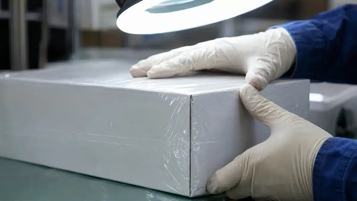 Close-up inspection of a shrink-film seal and carton corner