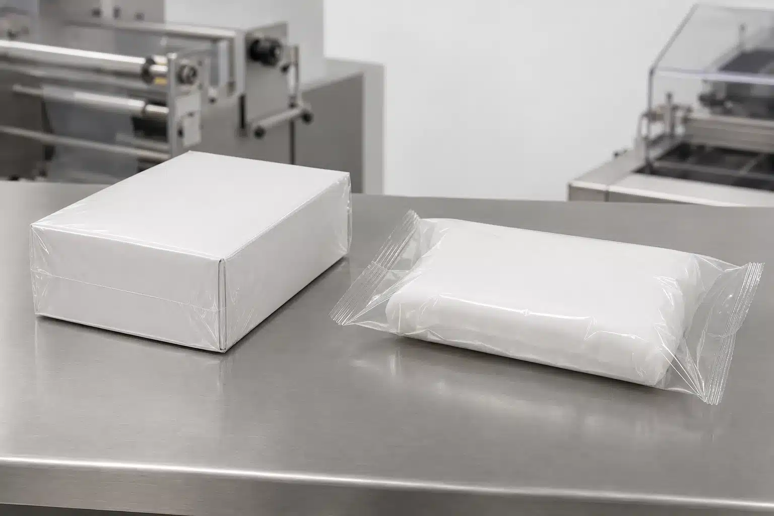 Clear shrink-wrapped carton beside a clear BOPP pillow-style package.