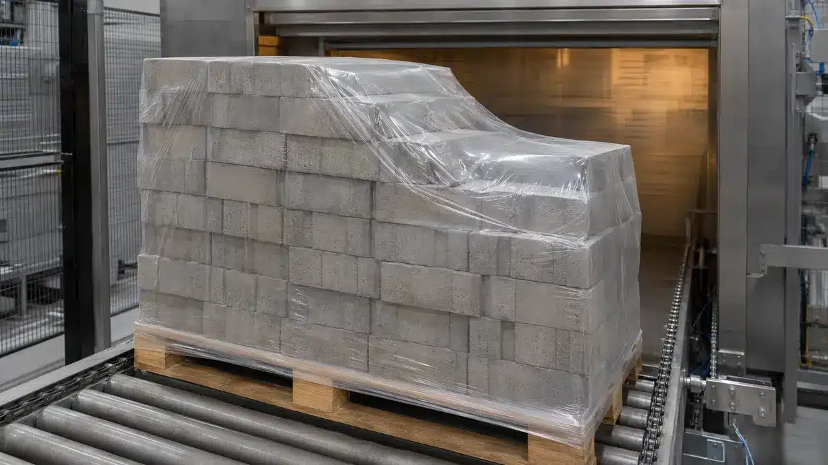 A stepped pallet load of unbranded masonry packs under a conforming shrink hood