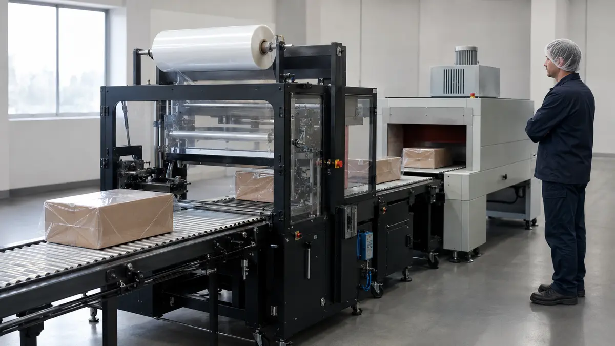Unbranded cartons moving through a shrink-packaging line and heat tunnel