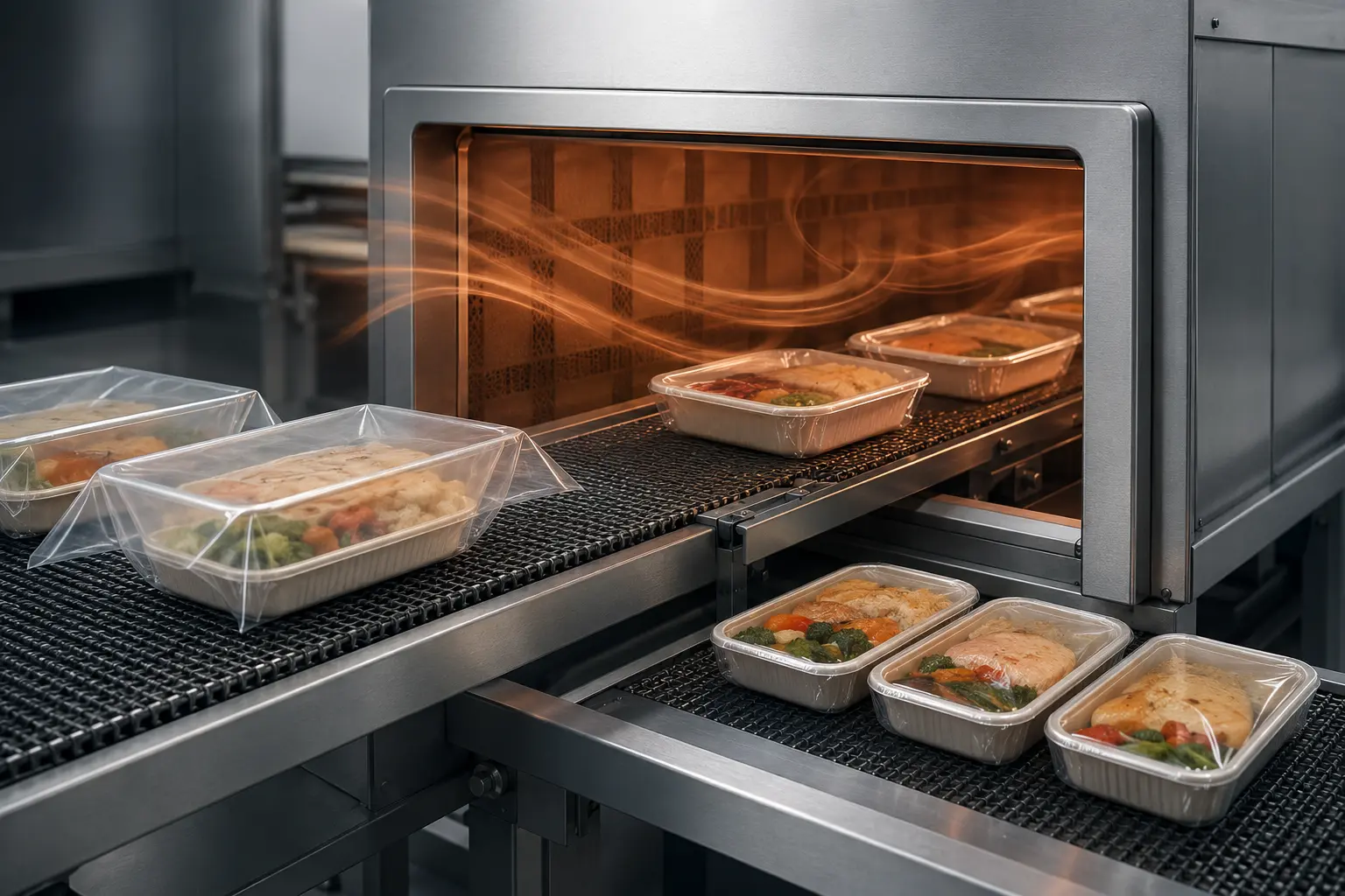 Concept illustration of unbranded food packs moving through a controlled shrink tunnel