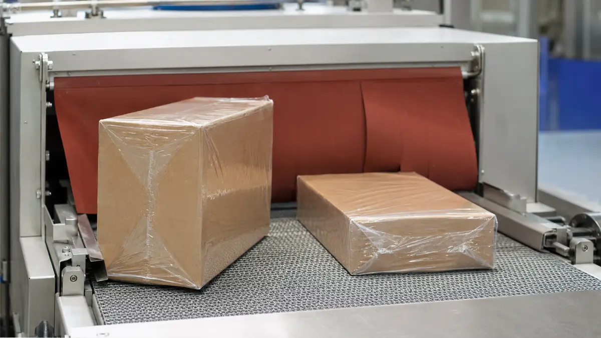 Generic cartons exiting a shrink tunnel with transparent film conforming around different package shapes