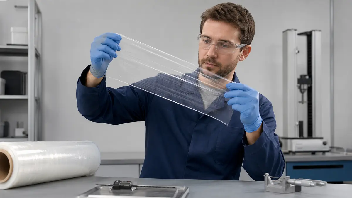 Packaging quality technician examining an unbranded transparent agricultural film sample