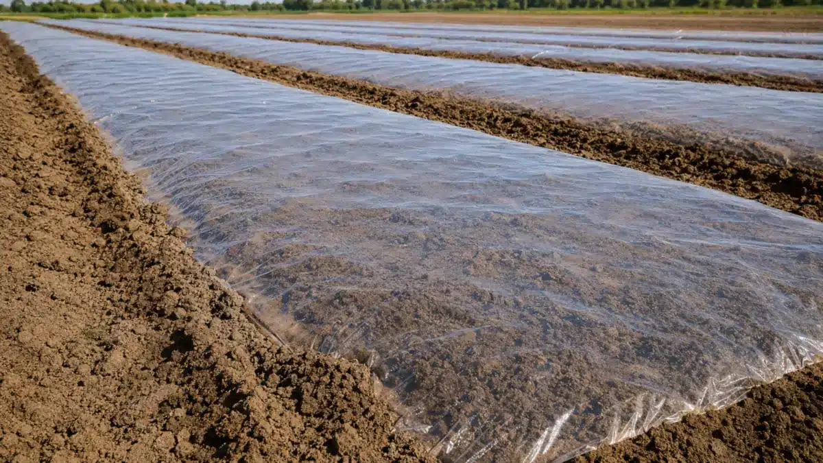 Concept illustration of clear film sealed over prepared soil for solarization