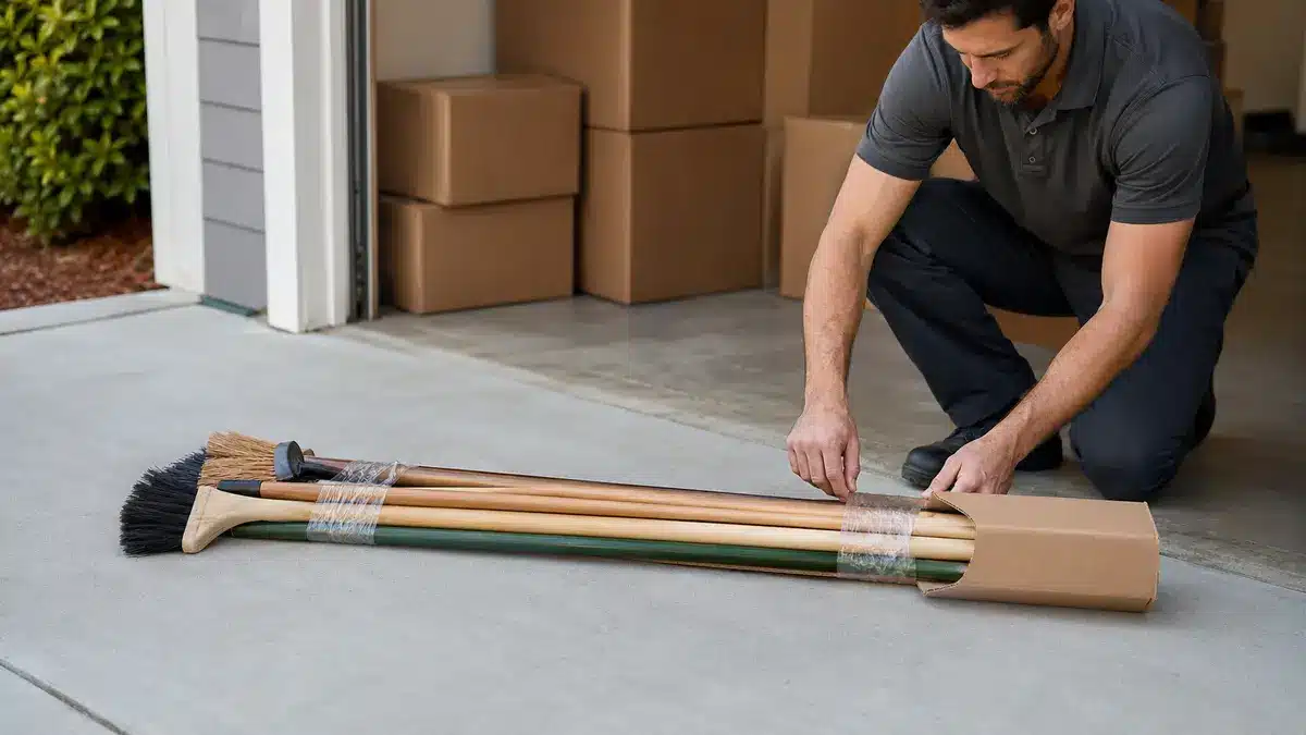 Balanced bundle of long-handled tools secured with clear stretch film bands