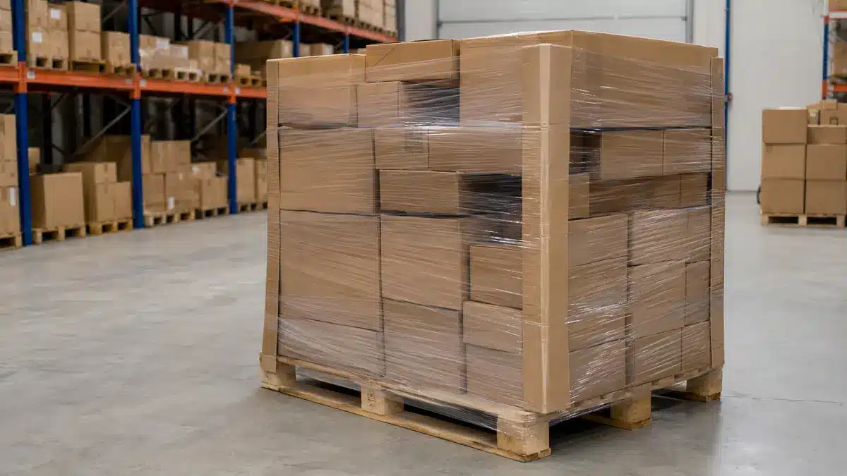 Transparent stretch film wrapped around an irregular pallet load with corner protection