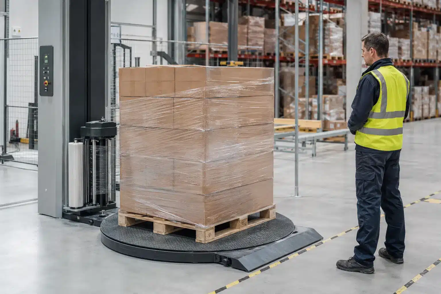 Concept illustration of a generic pallet being stretch wrapped in a warehouse