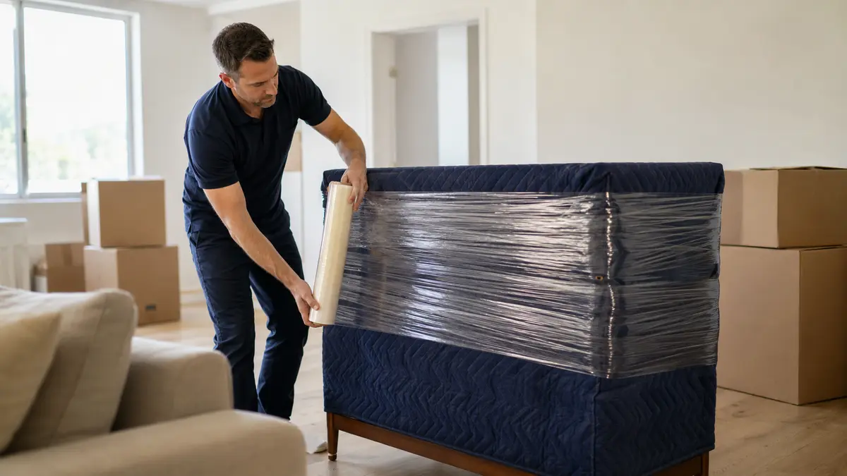 Mover wrapping transparent stretch film over a padded dresser