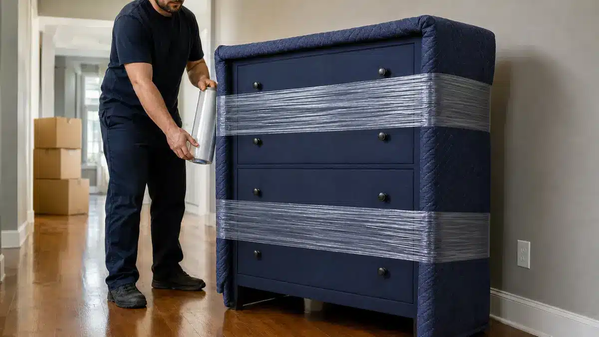 Clear stretch film wrapped around a padded cabinet with closed drawers
