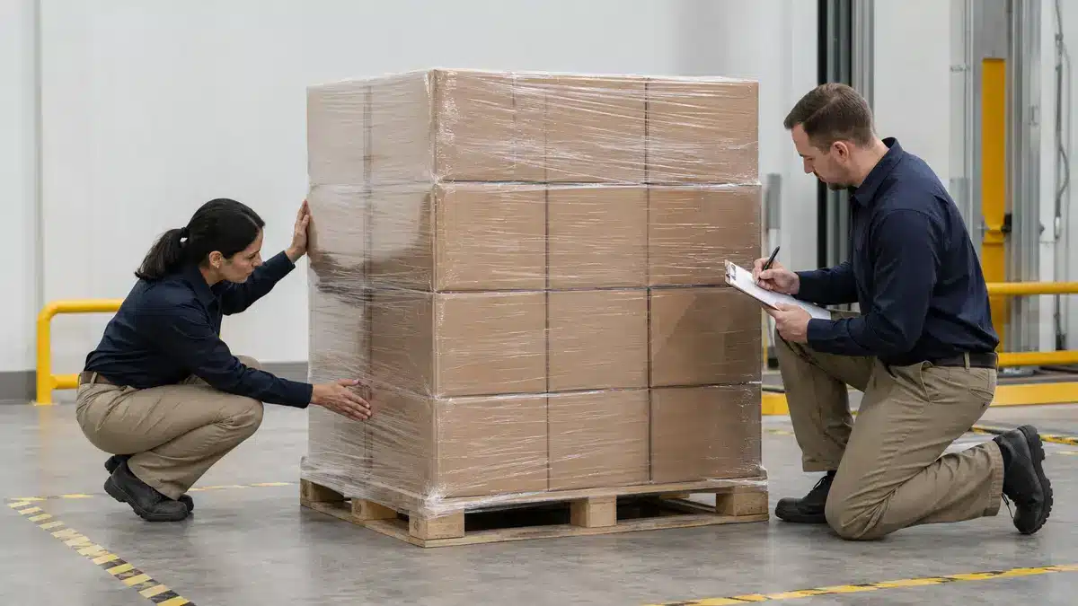 Verpackungsqualitätsteam inspiziert eine stretchgewickelte Palette nach einem kontrollierten Versuch