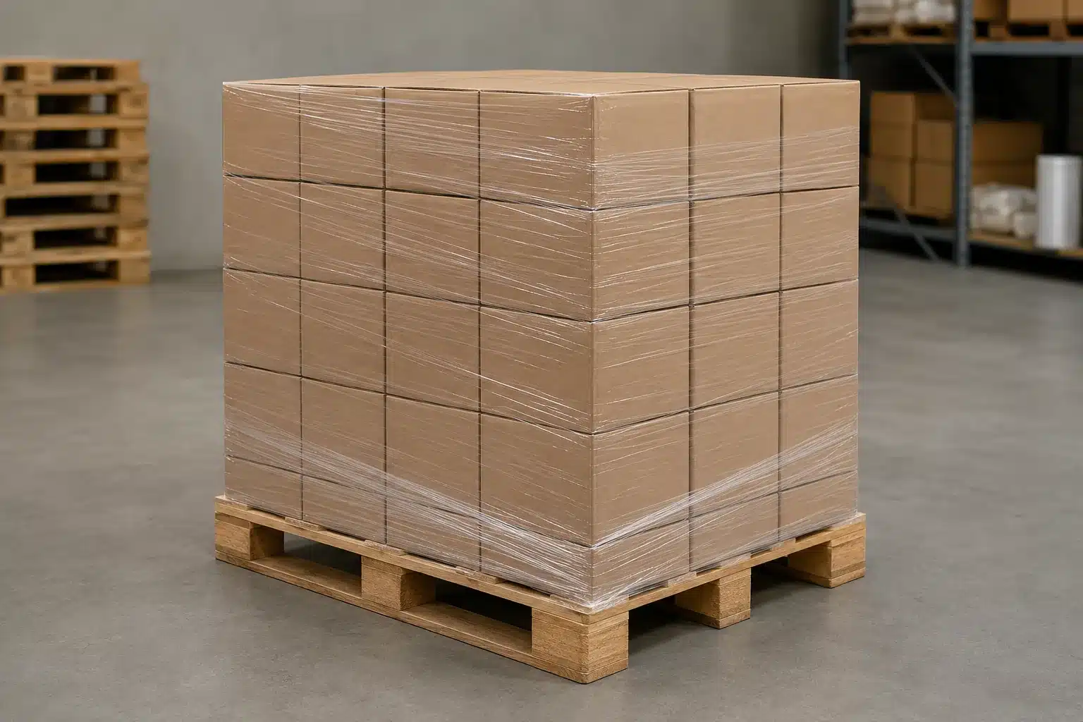 Concept illustration of aligned cartons contained with clear stretch film on a sound pallet.