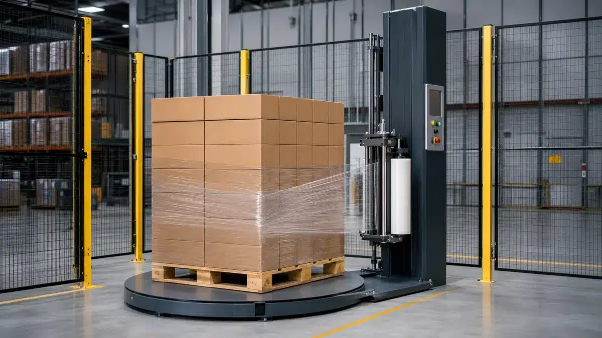 Automatischer Stretchwickler trägt transparente Folie auf eine gleichmäßige Palettenlast auf