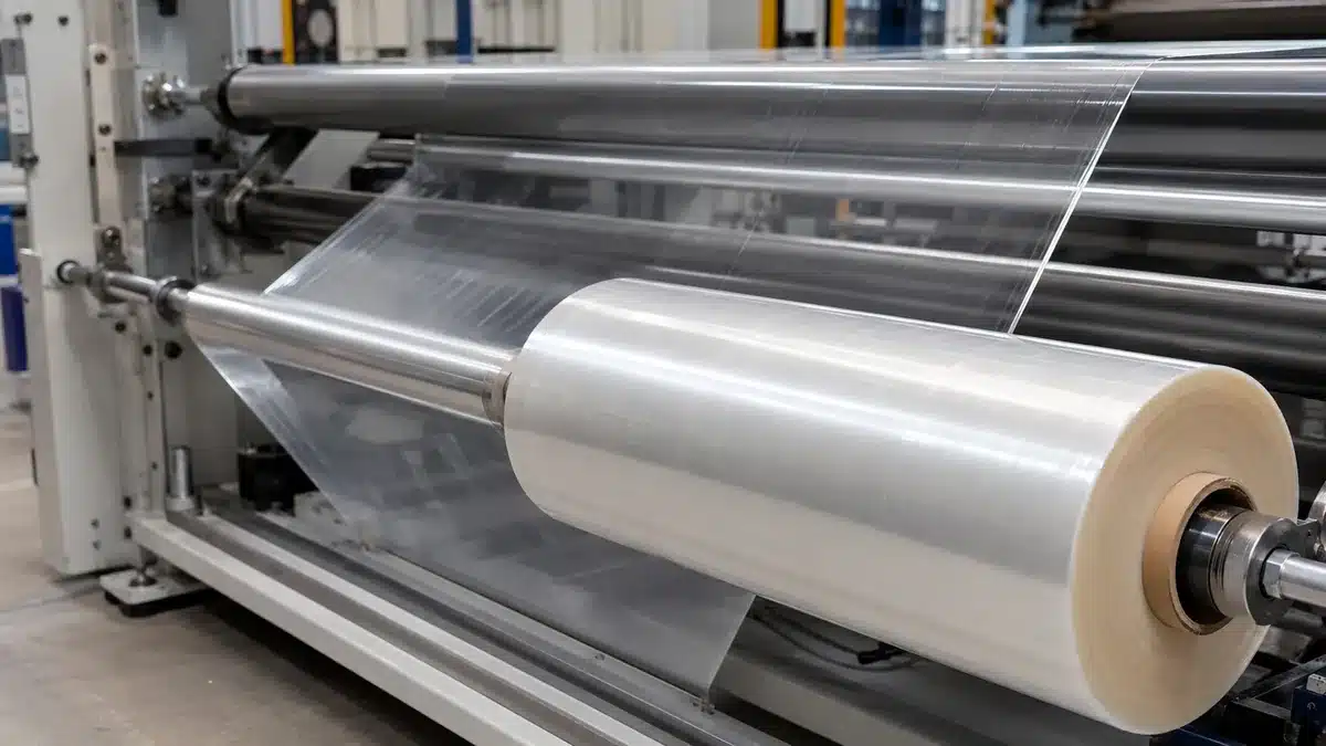 Generic transparent stretch film web winding onto a master roll
