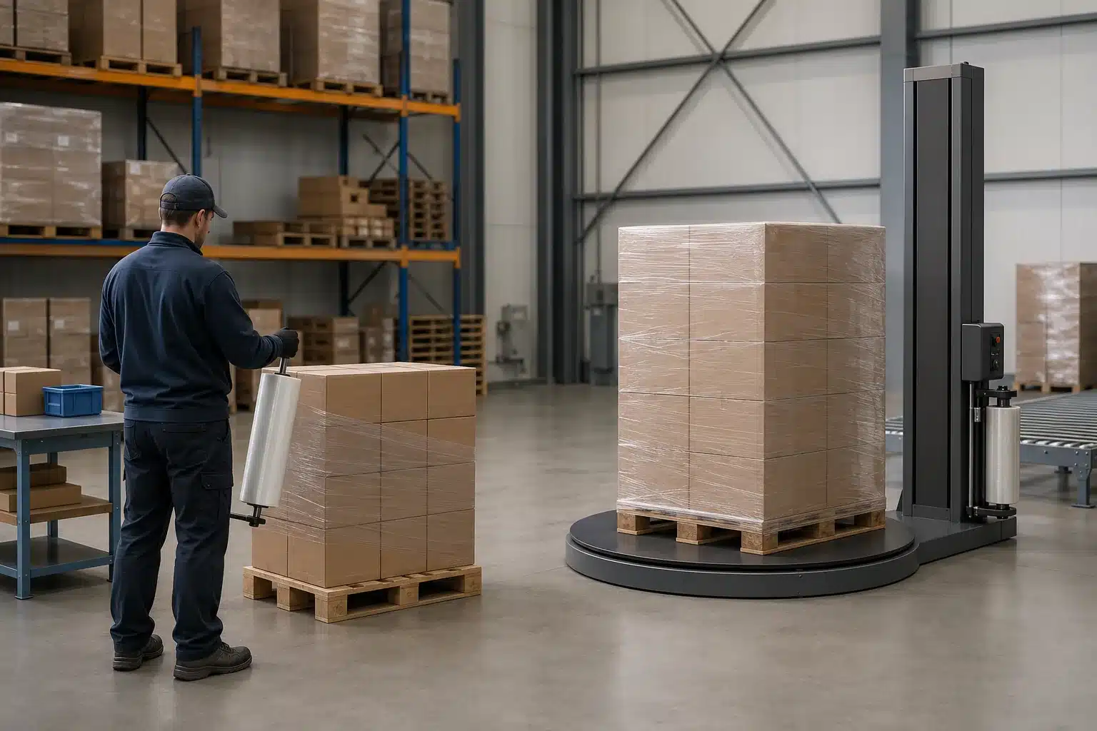 Concept illustration of separate hand and semi-automatic pallet-wrapping work zones.