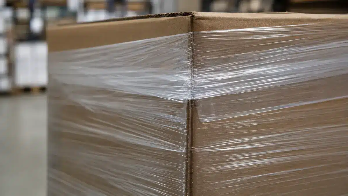 Close view of overlapping transparent stretch-film layers holding a neat pallet-wrap tail