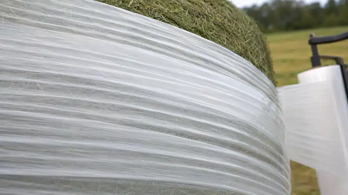 Close view of overlapping white stretch-film bands on a round silage bale