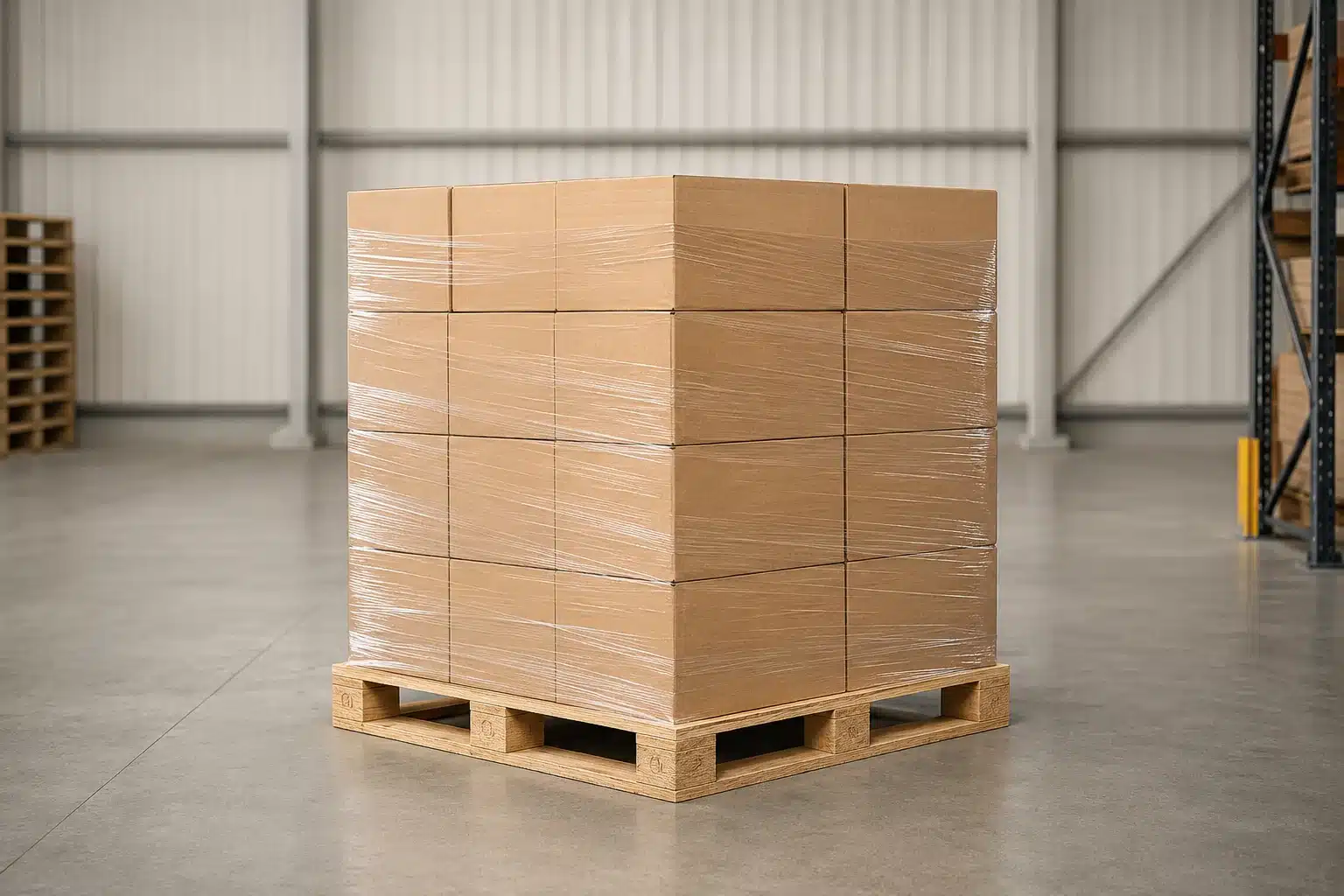 Concept illustration of a clear stretch-wrapped pallet of cartons in a generic warehouse.