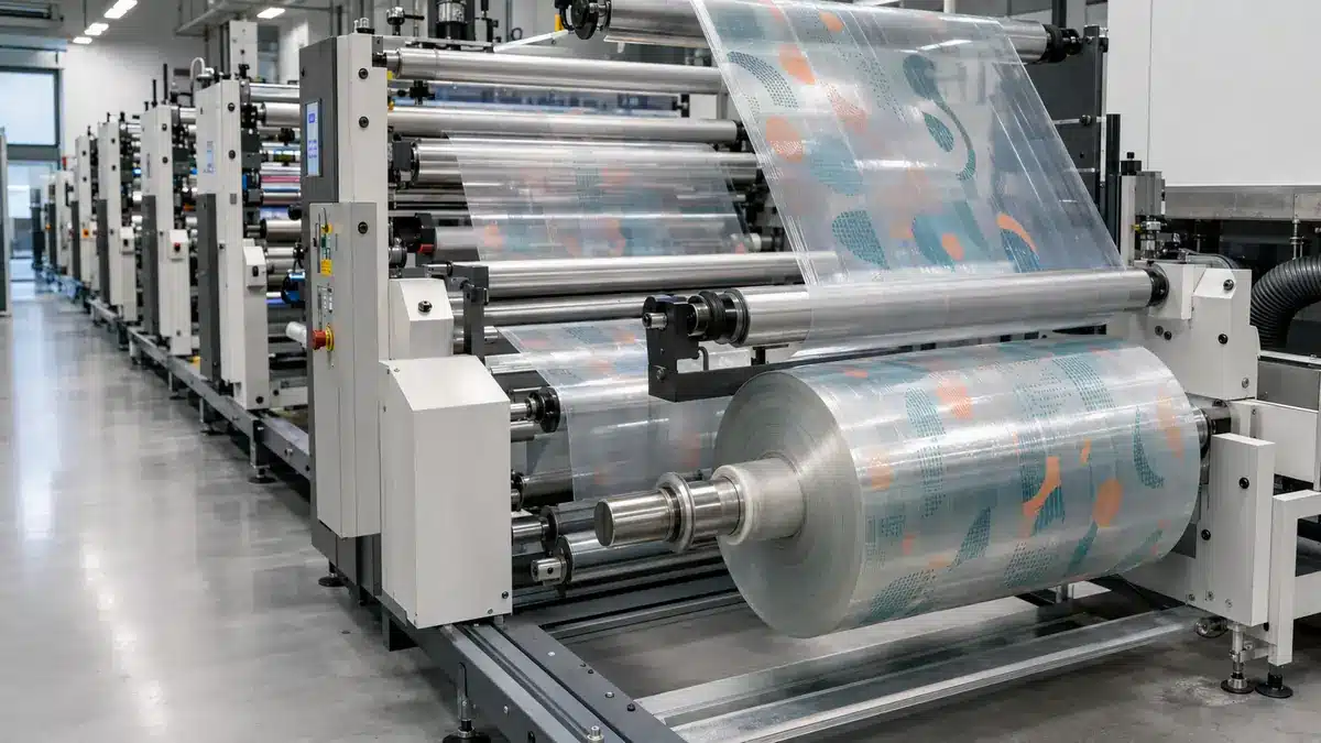 Generic flexible-film printing and rewinding process for printed stretch film