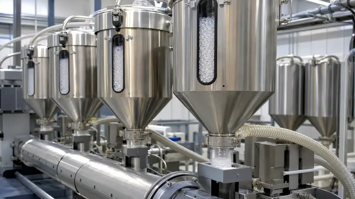 Generic gravimetric hoppers metering polyethylene pellets for stretch film extrusion