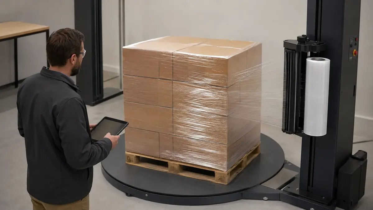 Packaging engineer observing a controlled stretch-film pallet trial beside a wrapper
