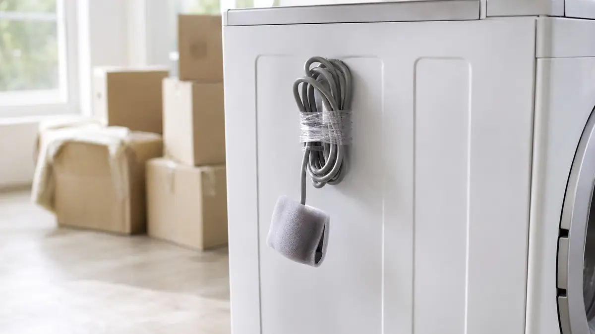 Padded appliance cord secured with a small band of clear stretch film