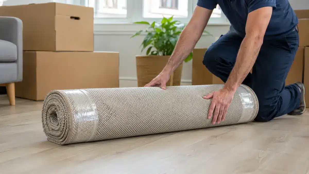 Rolled rug held by clear stretch film bands near both ends