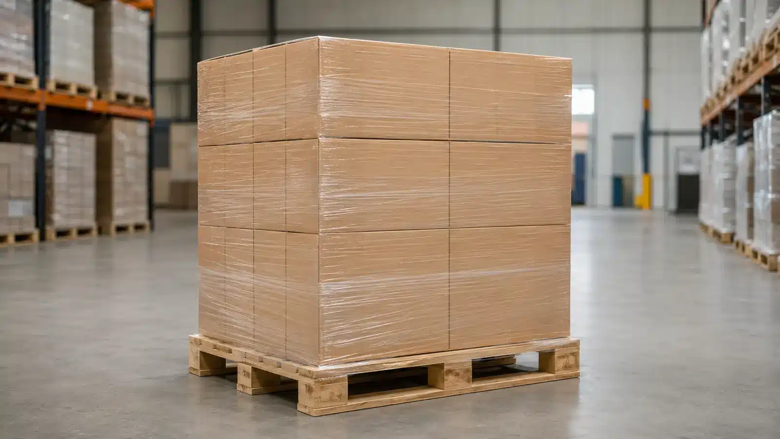 Concept illustration of a stretch-wrapped pallet in a modern warehouse