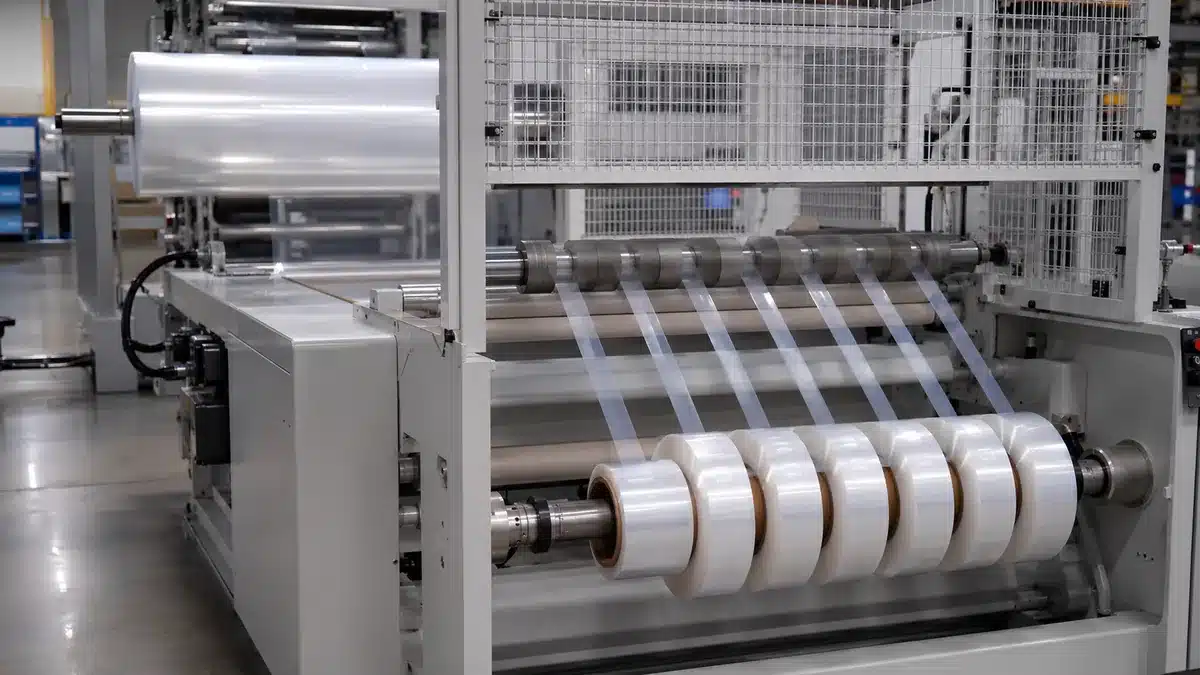 Generic clear stretch film being slit and rewound into narrow finished rolls