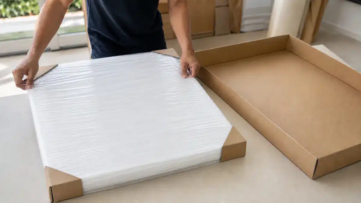 Clear stretch film holding corner and surface padding around framed décor