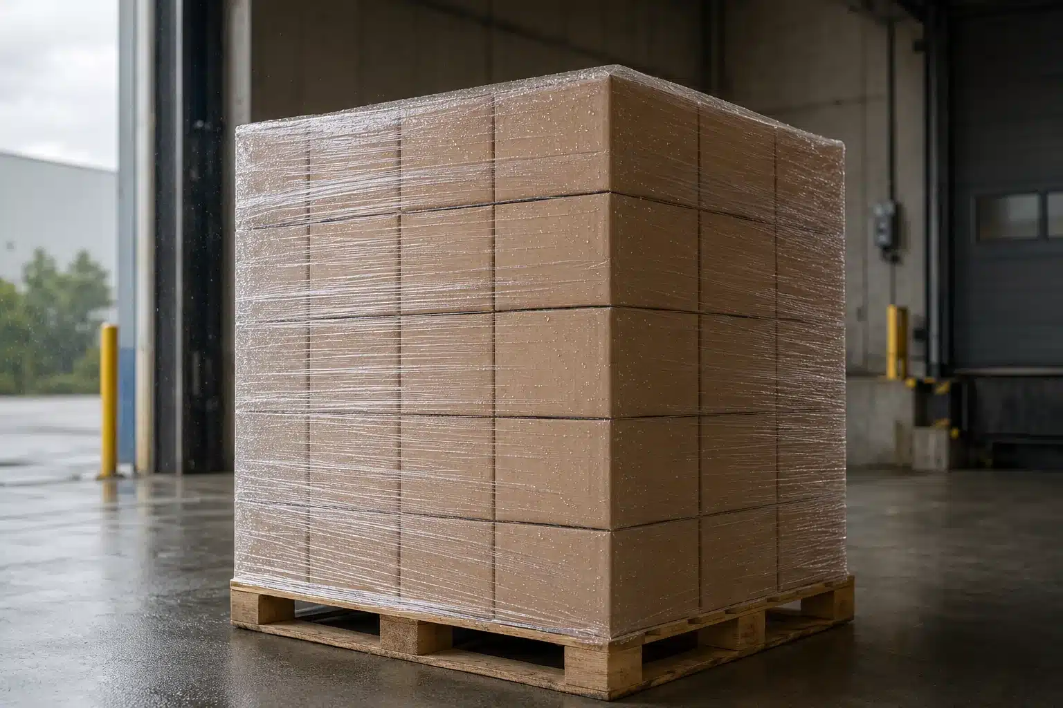Concept illustration of a stretch-wrapped pallet under a covered loading dock with incidental droplets on the outer film.