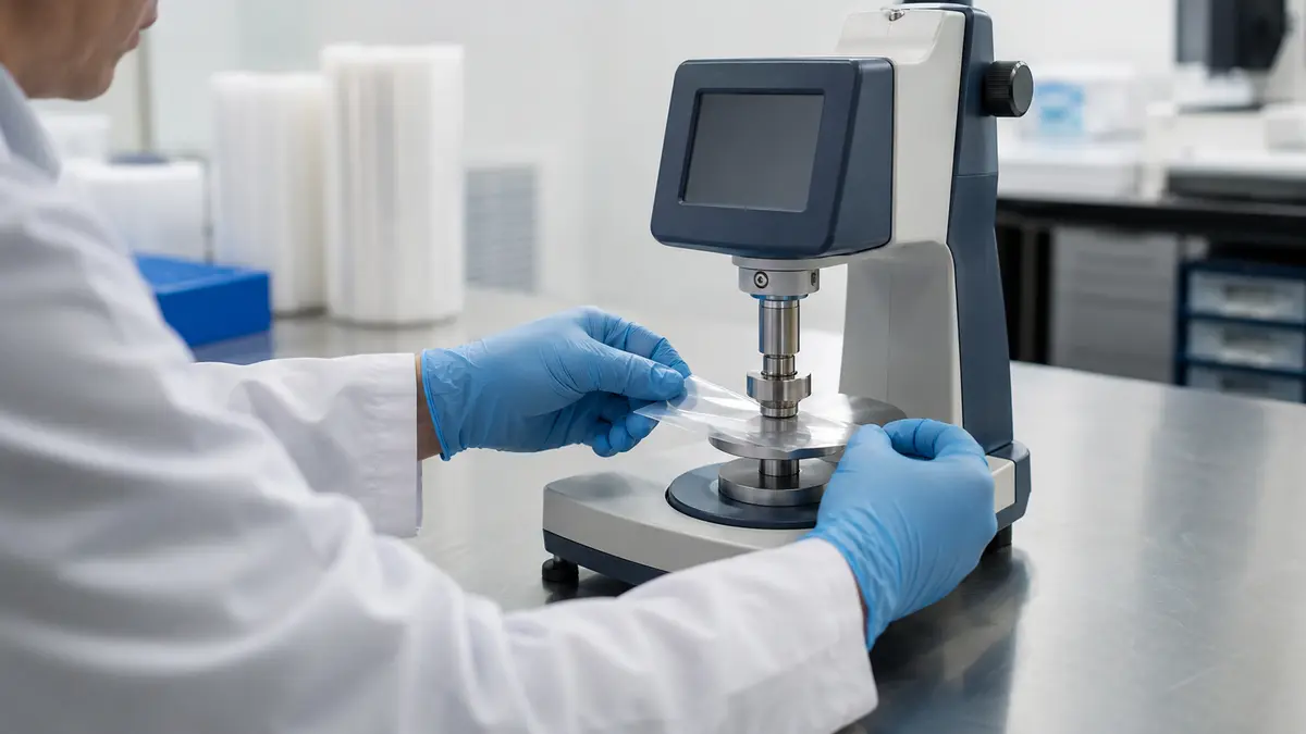 Quality technician positioning a transparent stretch film specimen in a thickness gauge