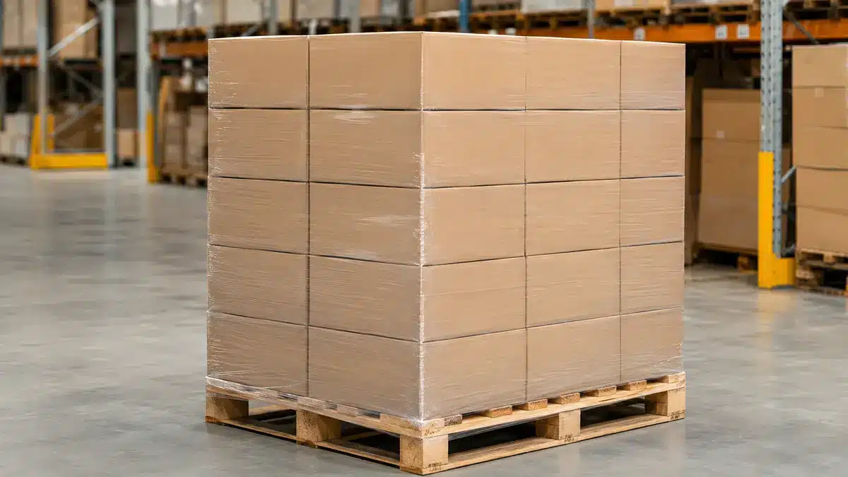 Einheitliche Kartons, die mit transparenter Stretchfolie auf einer Lagerpalette gesichert sind