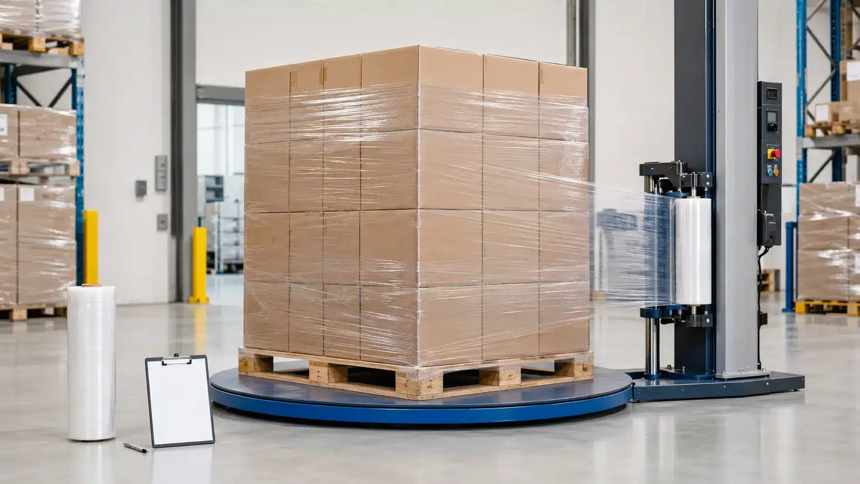 Concept illustration of a generic pallet wrapping operation used to measure stretch film consumption