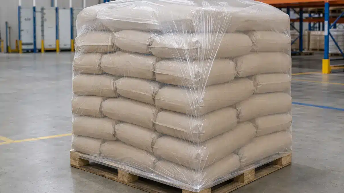 A regular pallet of unbranded bags secured by a clear stretch hood in warehouse staging