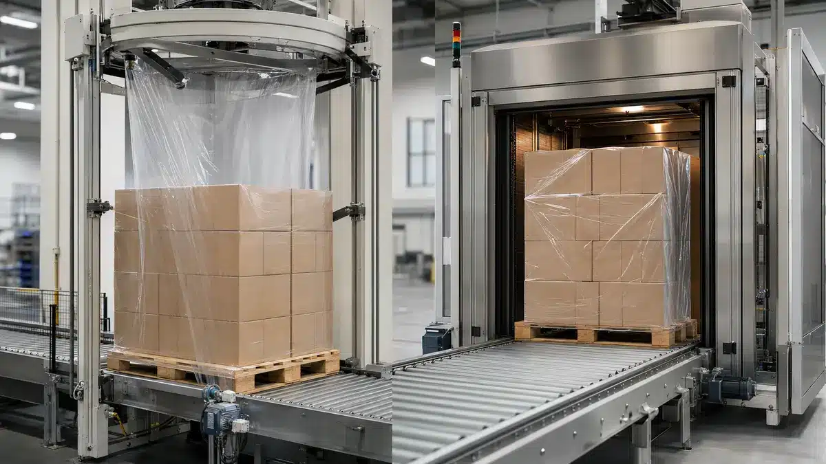 Two pallet packaging lanes comparing a mechanically applied stretch hood with an enclosed shrink-hood process