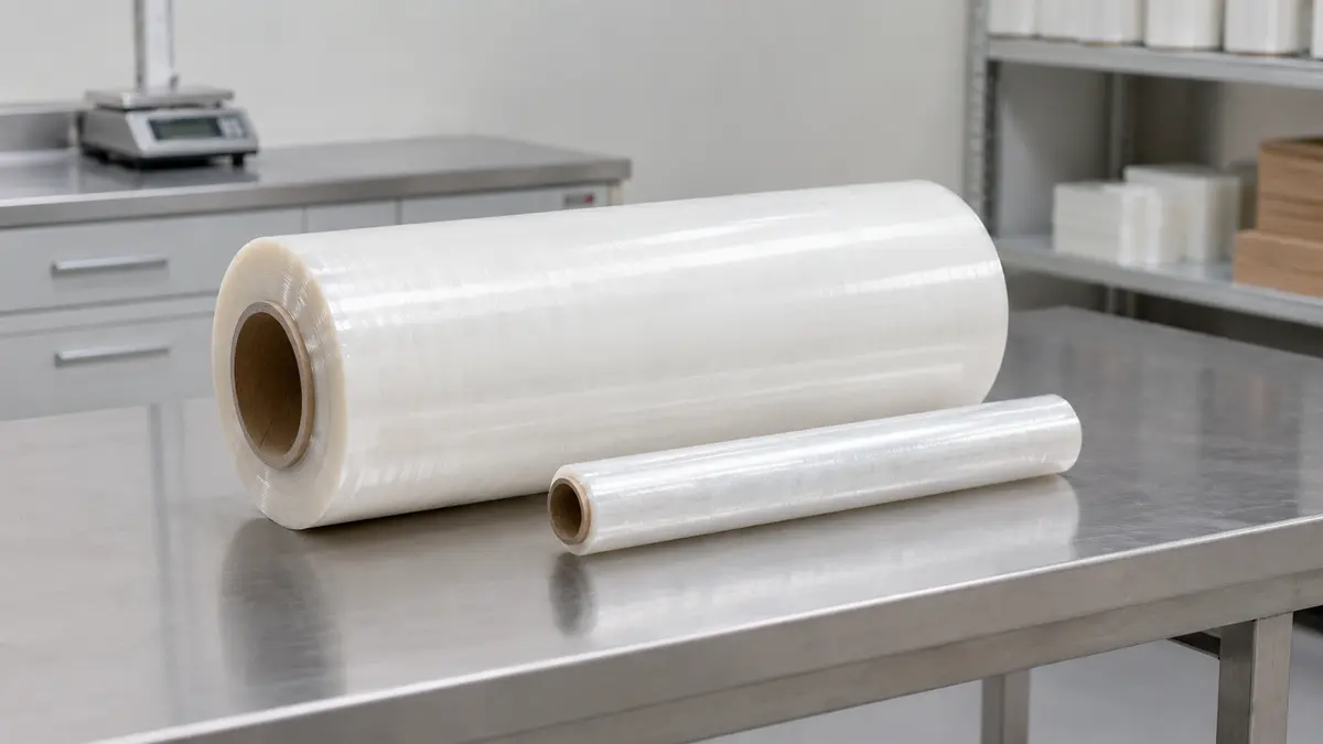 Unlabelled industrial stretch-film roll and catering cling-film roll on a packaging selection bench