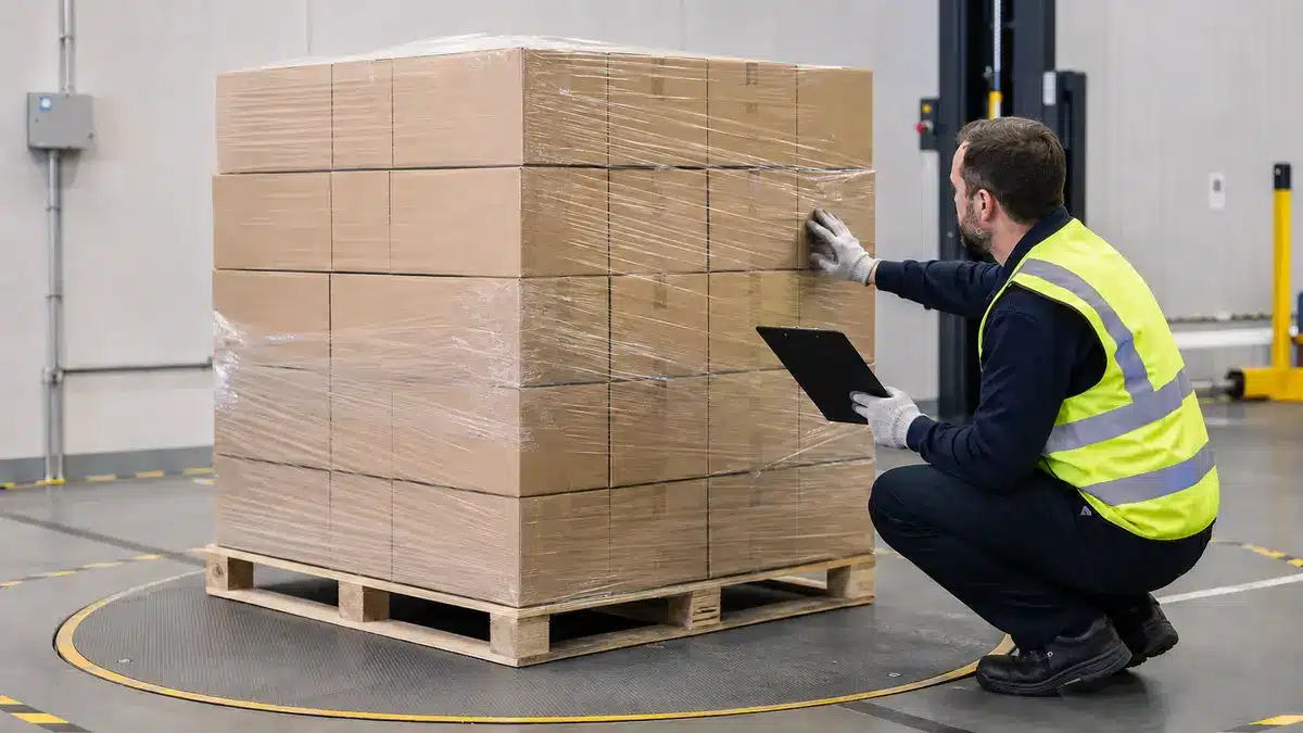 Quality engineer inspecting a stretch-wrapped pallet during a controlled load trial