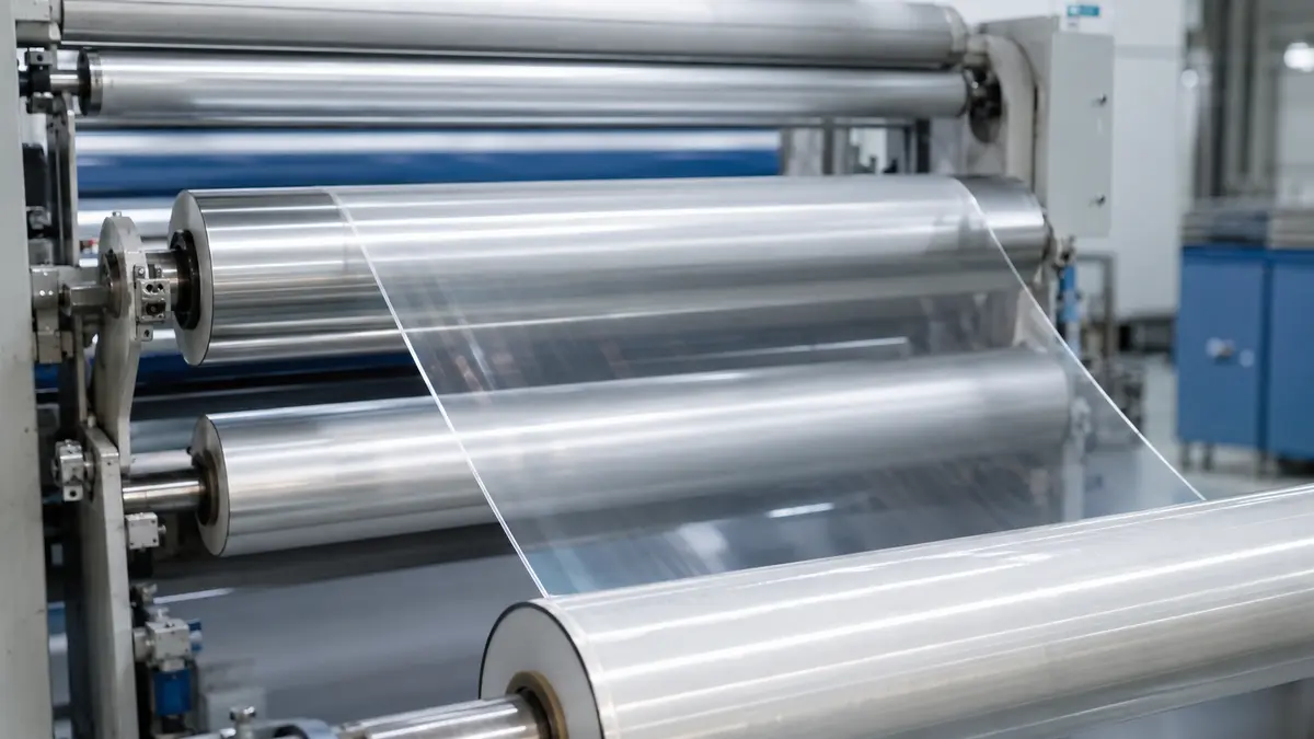 Transparent stretch film web passing through clean industrial rollers