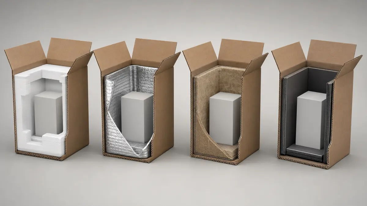 Illustrated cutaway comparison of rigid foam, flexible reflective, fiber, and protected panel insulation packaging
