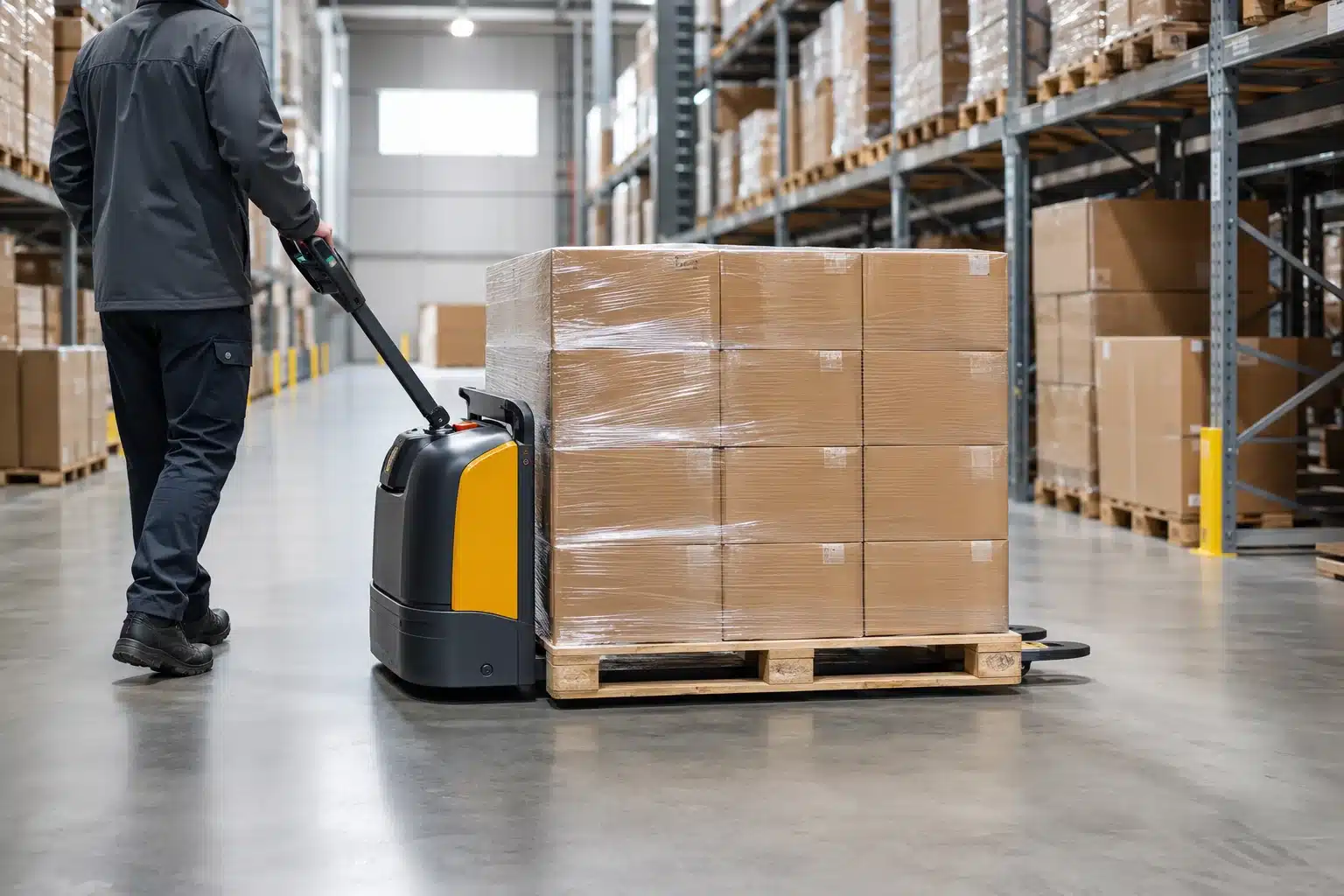 Concept illustration of a generic pallet jack moving one clear stretch-wrapped unit load.